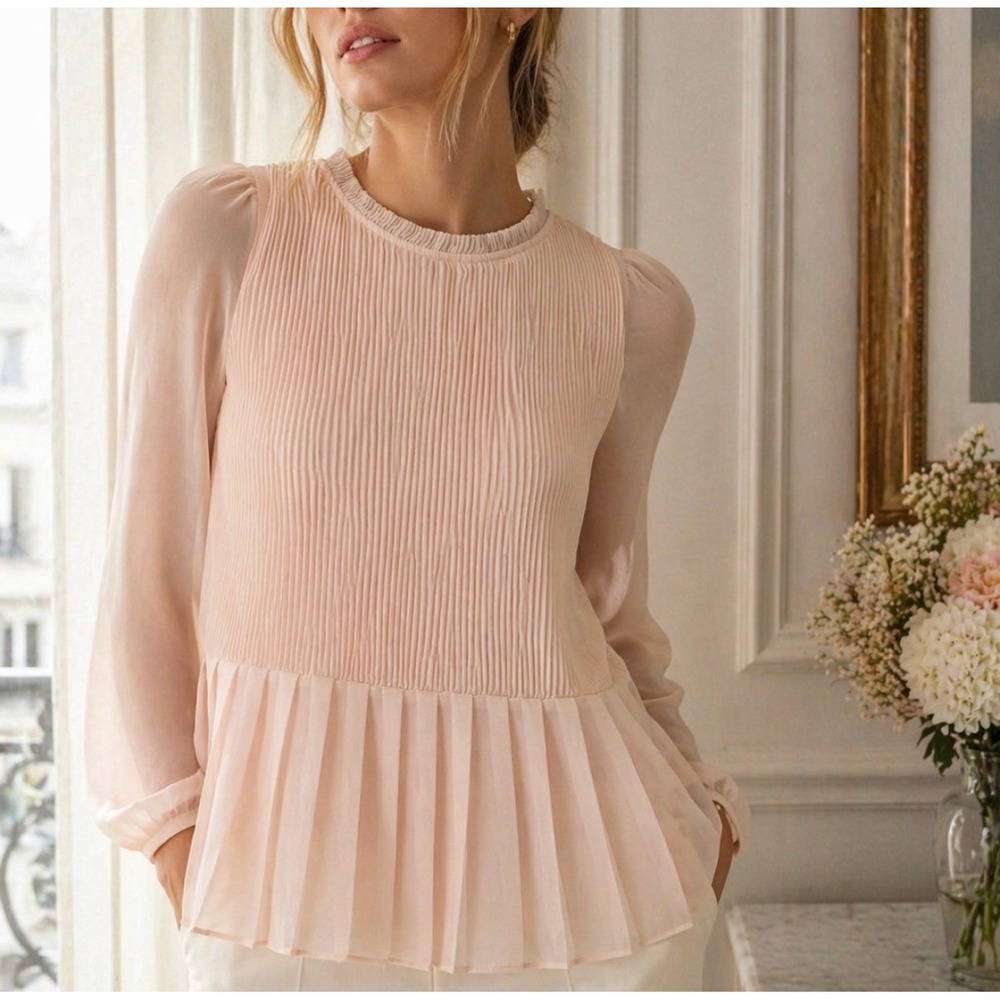 Ted Baker London Pleated Chiffon Blouse Women Size 0 Pink Peplum Sheer Sleeve